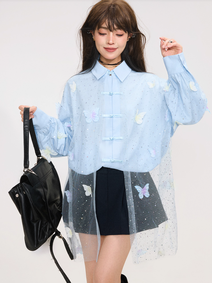 Butterfly Embroidery Elegant New Chinese Style Sheer Panel Blouse　X3371