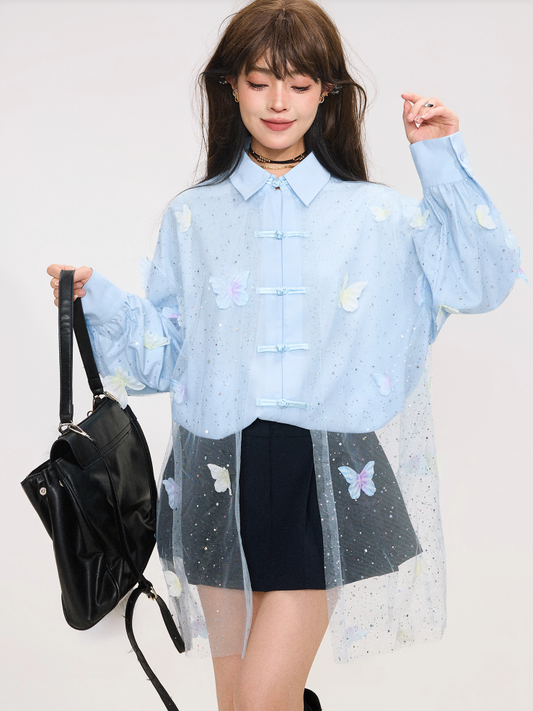 Butterfly Embroidery Elegant New Chinese Style Sheer Panel Blouse X3371