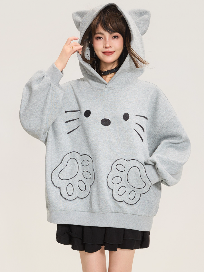 Cute Cat Embroidered Gray Hoodie Jacket X3373