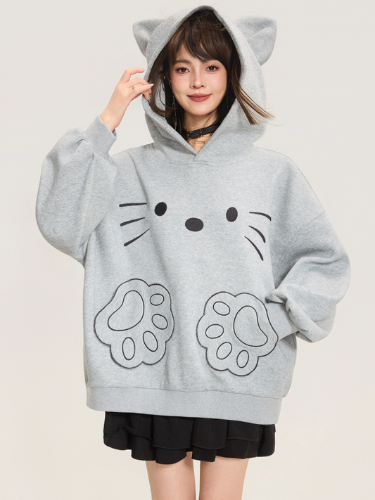 Cute Cat Embroidered Gray Hoodie Jacket X3373