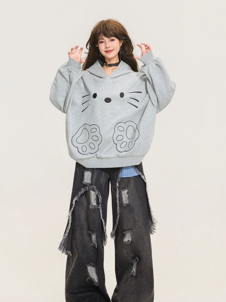 Cute Cat Embroidered Gray Hoodie Jacket X3373