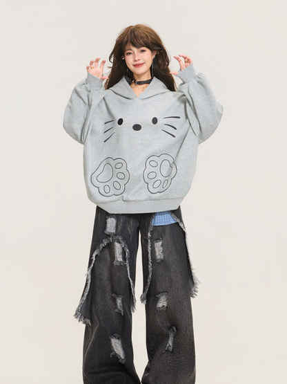 Cute Cat Embroidered Gray Hoodie Jacket X3373