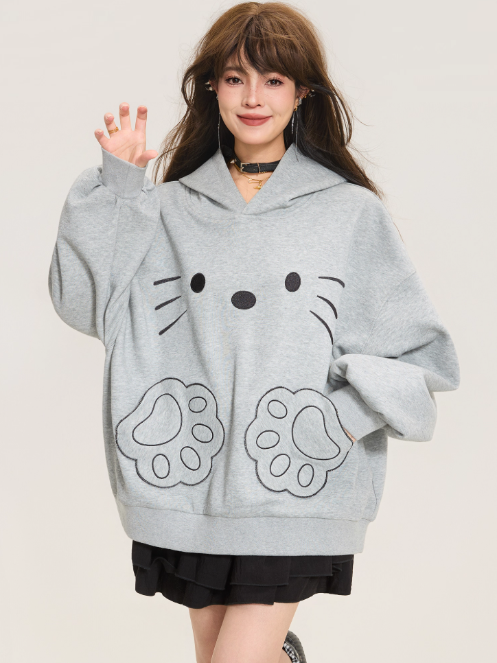 Cute Cat Embroidered Gray Hoodie Jacket X3373