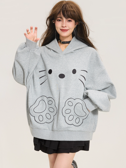 Cute Cat Embroidered Gray Hoodie Jacket X3373