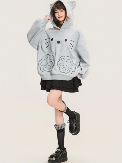 Cute Cat Embroidered Gray Hoodie Jacket X3373