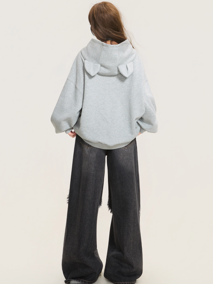 Cute Cat Embroidered Gray Hoodie Jacket X3373