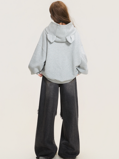 Cute Cat Embroidered Gray Hoodie Jacket X3373