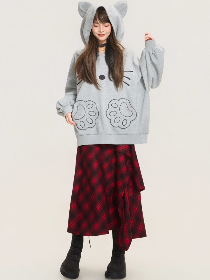 Cute Cat Embroidered Gray Hoodie Jacket X3373