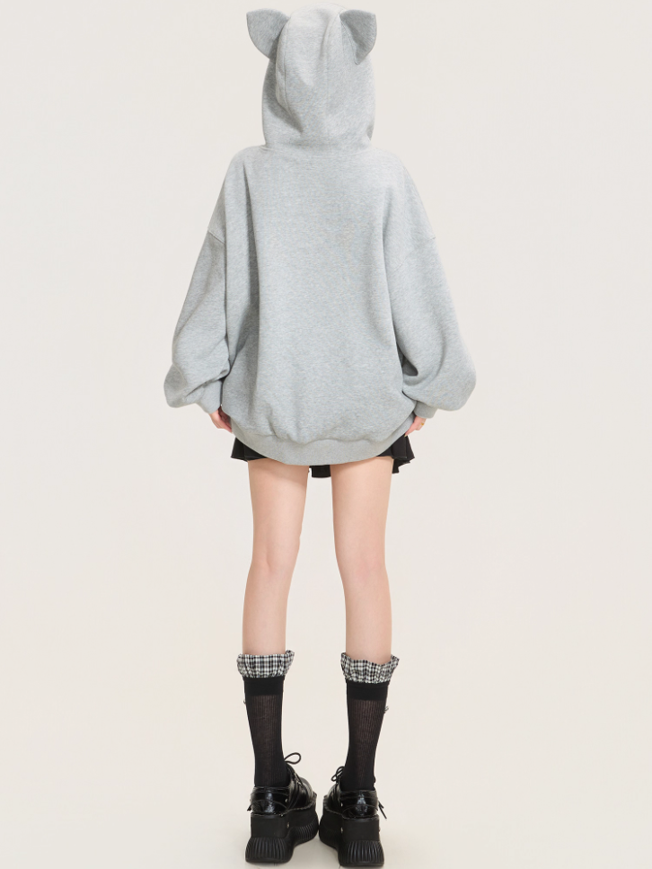 Cute Cat Embroidered Gray Hoodie Jacket X3373