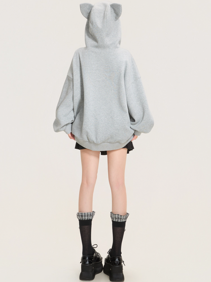 Cute Cat Embroidered Gray Hoodie Jacket X3373