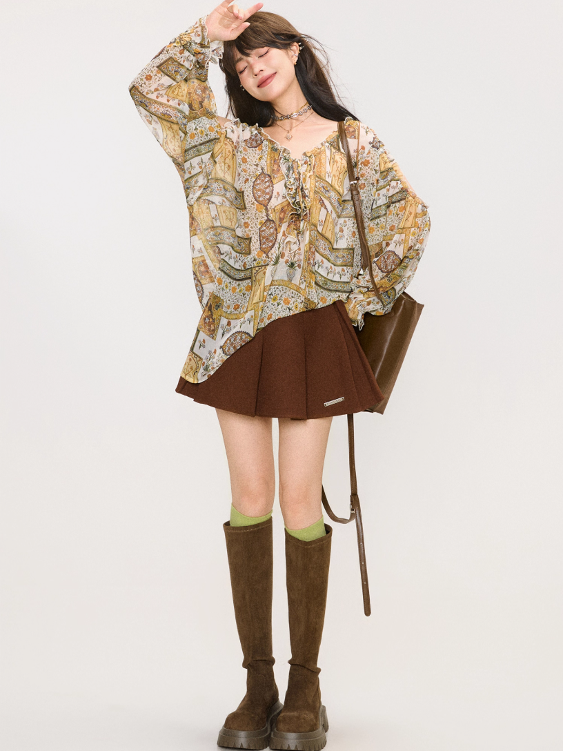 Vintage Printed Chiffon Blouse　X3377