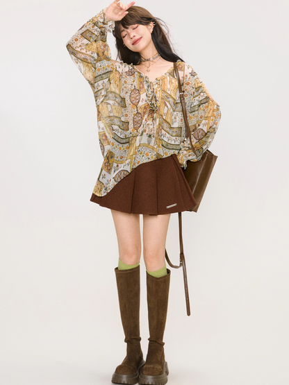Vintage Printed Chiffon Blouse　X3377