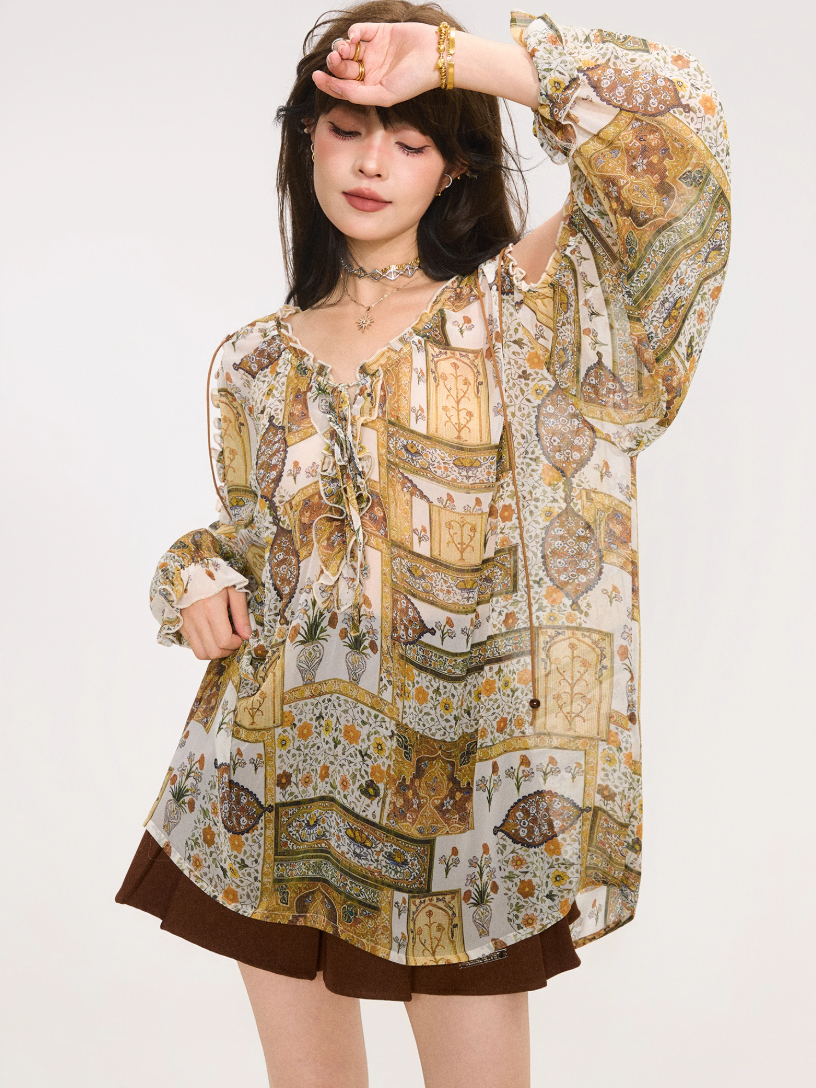 Vintage Printed Chiffon Blouse　X3377