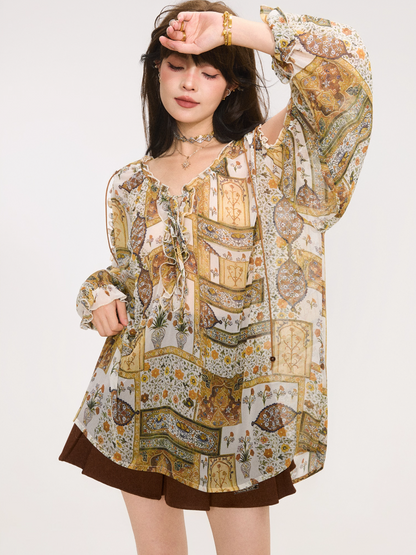 Vintage Printed Chiffon Blouse　X3377