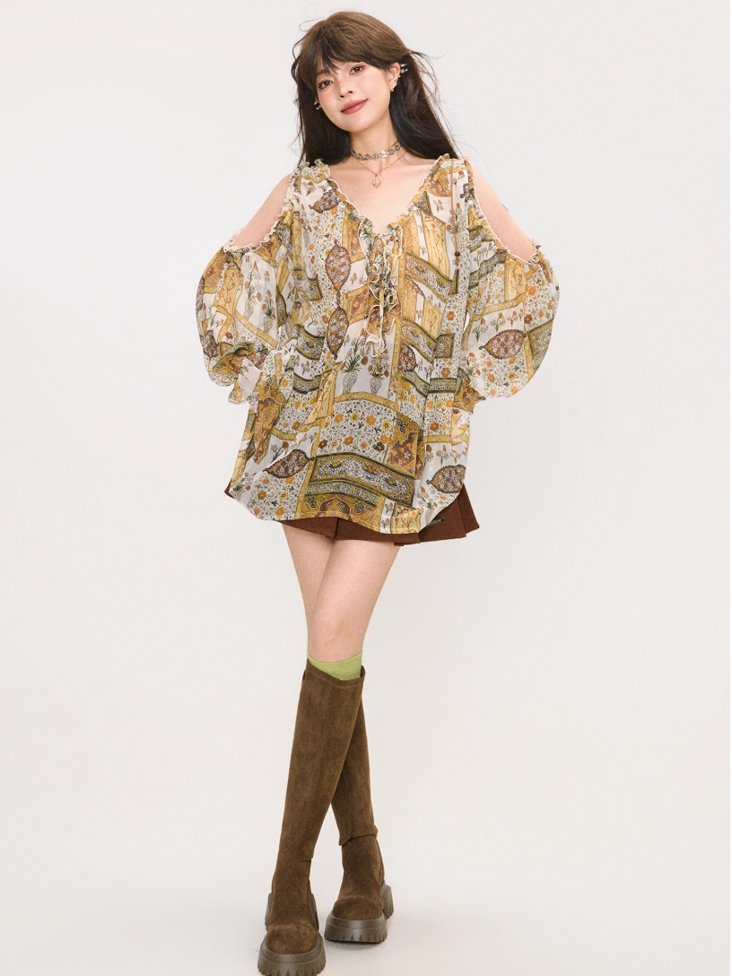 Vintage Printed Chiffon Blouse　X3377