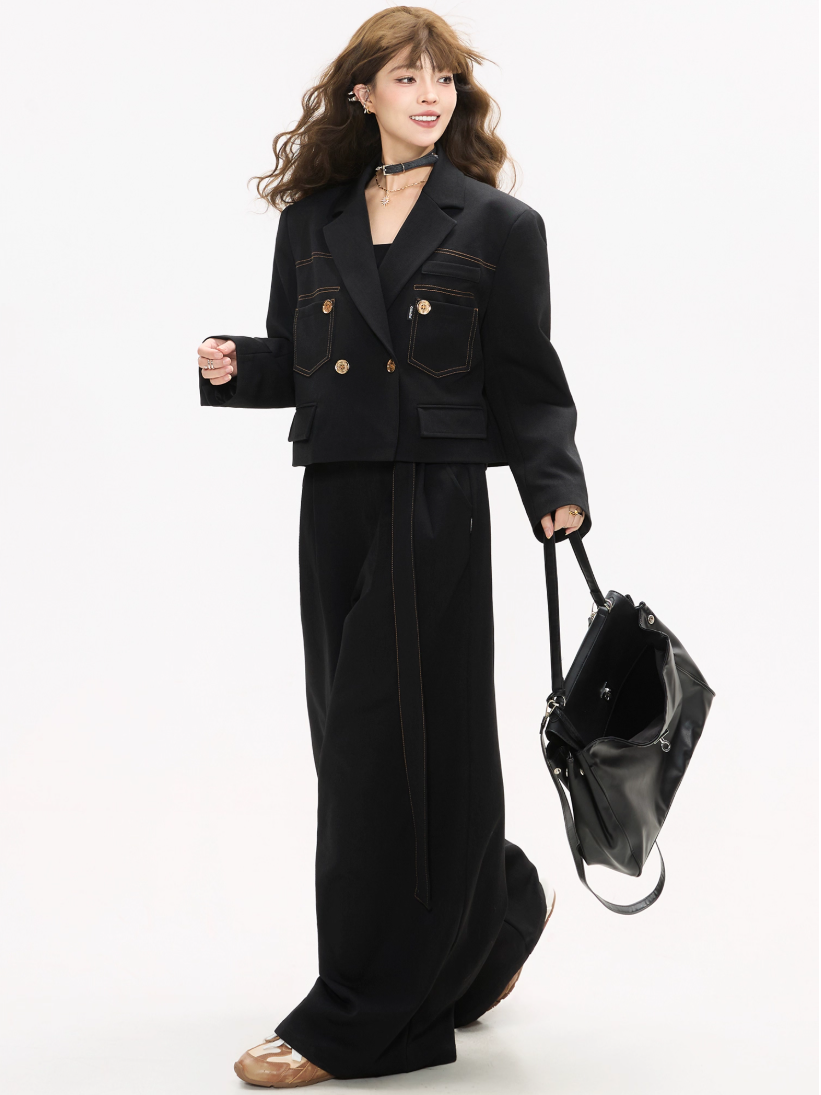 Contrast Stitch Short Blazer/Wide-leg PantsX3380