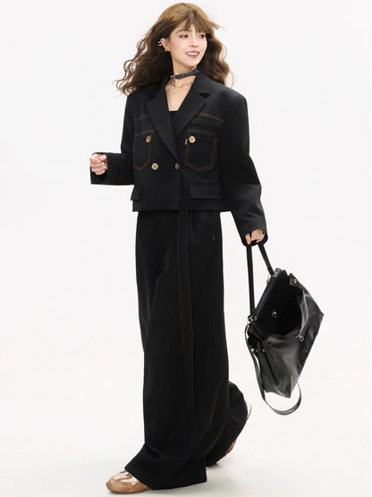 Contrast Stitch Short Blazer/Wide-leg PantsX3380
