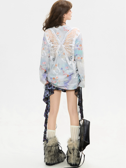 Butterfly Gradient Sheer Long Sleeve Top　X3381