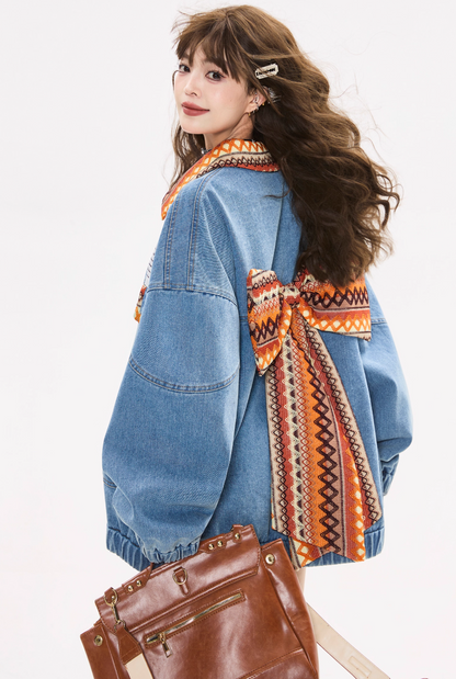 青春氣息緞帶細節牛仔夾克 X3447