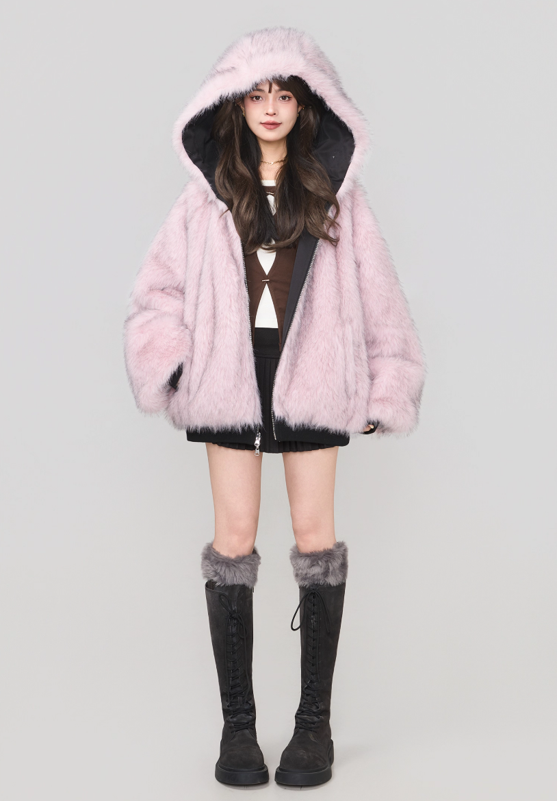 雙面仿狐狸毛連帽羽絨外套 X3450