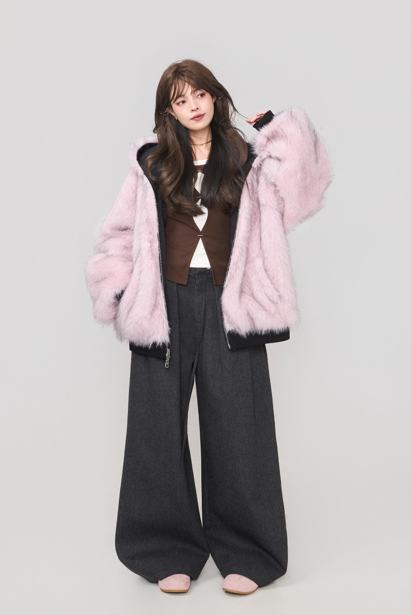 雙面仿狐狸毛連帽羽絨外套 X3450