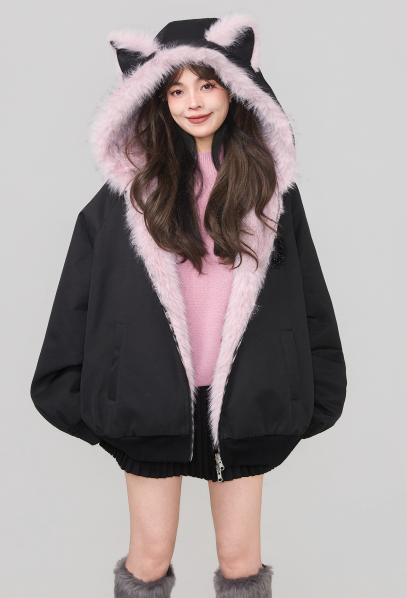 雙面仿狐狸毛連帽羽絨外套 X3450