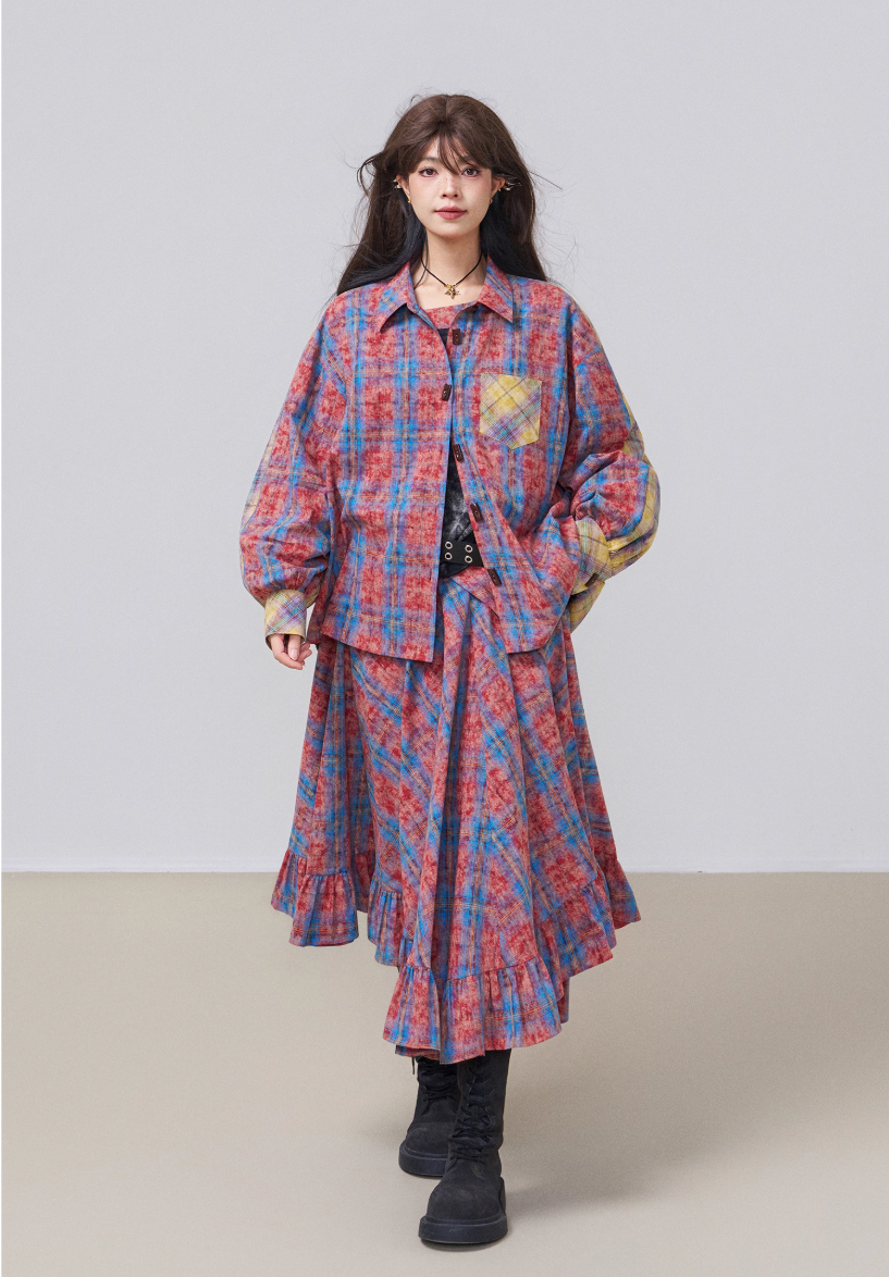 Retro Color-Block Cotton Check Shirt &amp; Skirt Set X3453