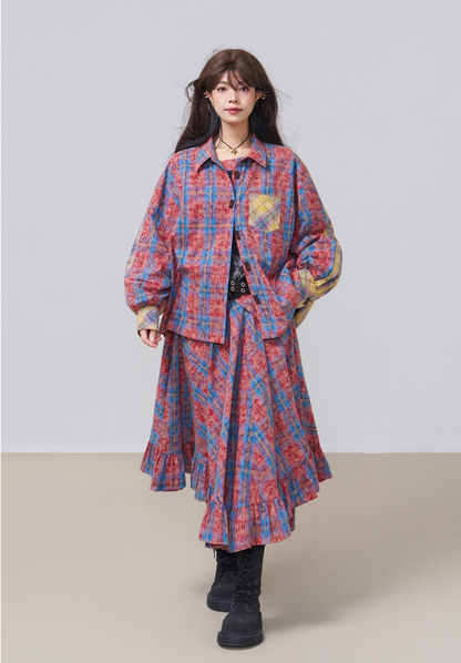 Retro Color-Block Cotton Check Shirt &amp; Skirt Set X3453