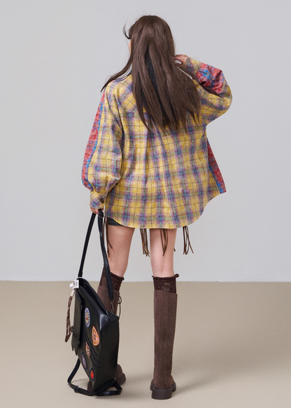 Retro Color-Block Cotton Check Shirt &amp; Skirt Set X3453