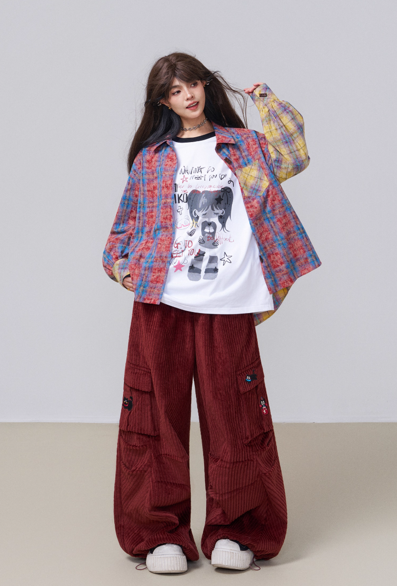 Retro Color-Block Cotton Check Shirt &amp; Skirt Set X3453