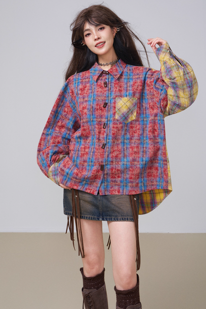 Retro Color-Block Cotton Check Shirt &amp; Skirt Set X3453