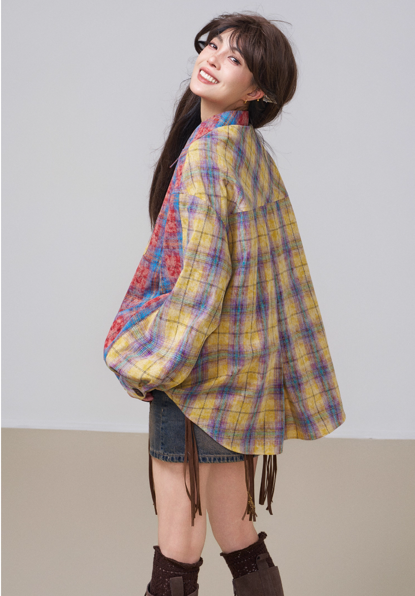 Retro Color-Block Cotton Check Shirt &amp; Skirt Set X3453