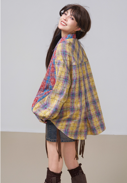 Retro Color-Block Cotton Check Shirt &amp; Skirt Set X3453