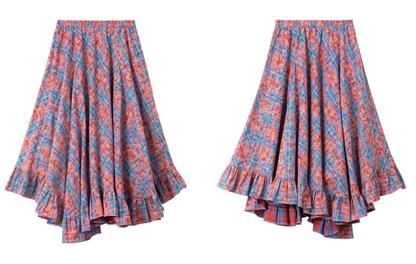 Retro Color-Block Cotton Check Shirt &amp; Skirt Set X3453