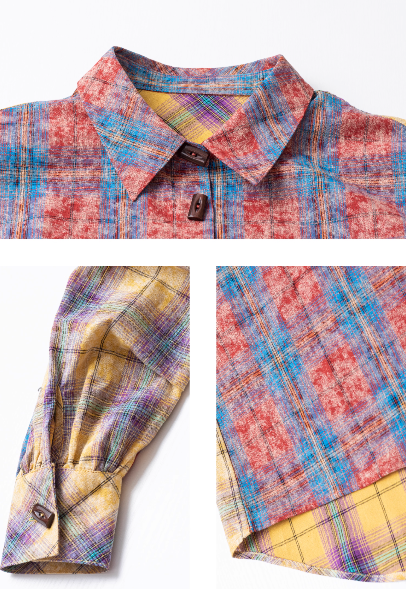 Retro Color-Block Cotton Check Shirt &amp; Skirt Set X3453