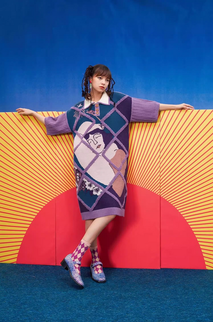 紫色藝術提花針織洋裝 X3457