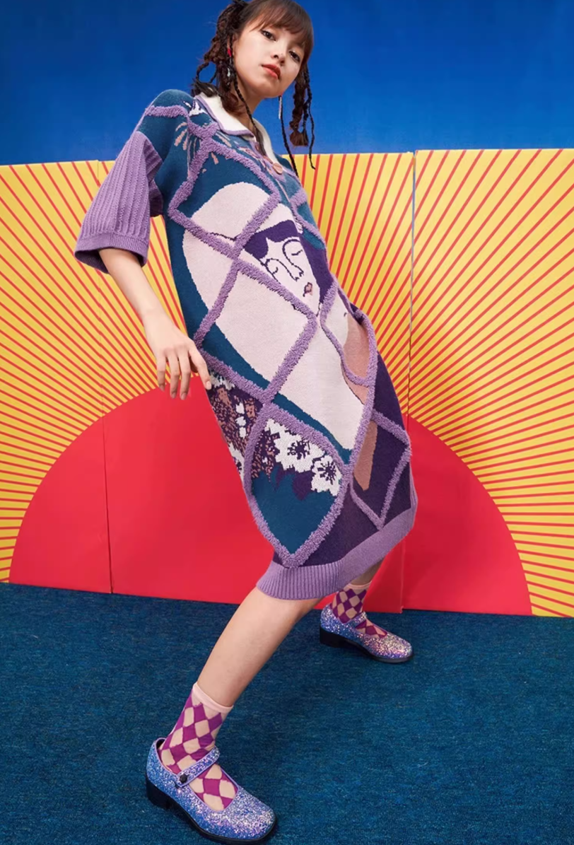 紫色藝術提花針織洋裝 X3457