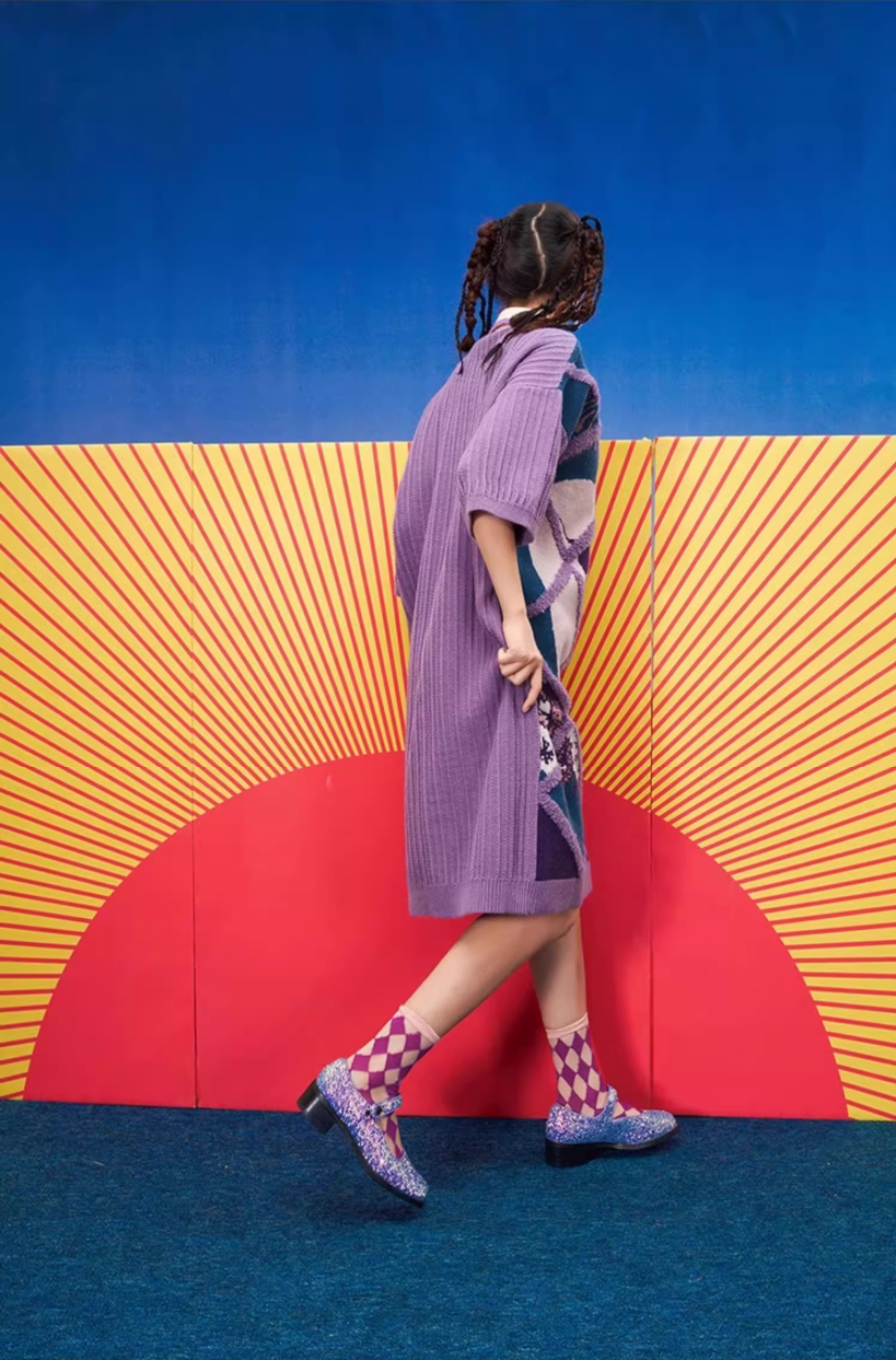 紫色藝術提花針織洋裝 X3457