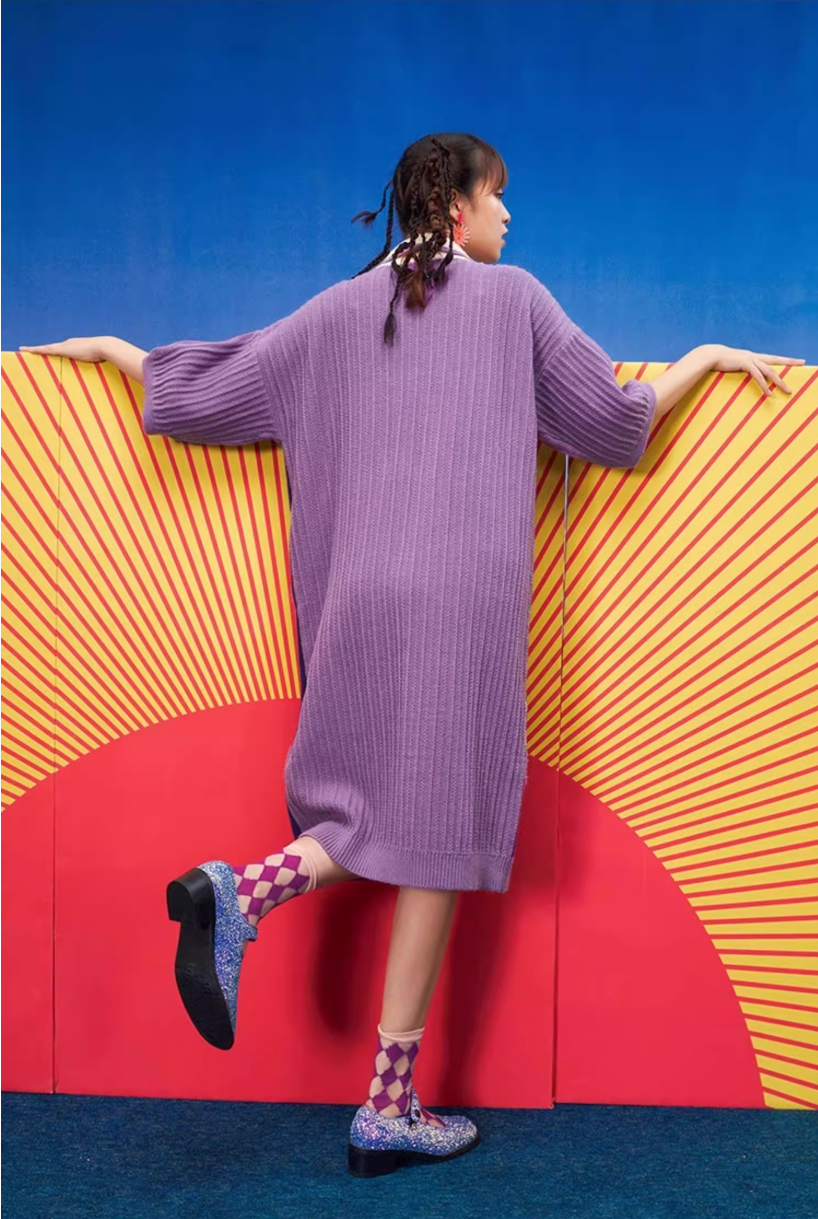 紫色藝術提花針織洋裝 X3457