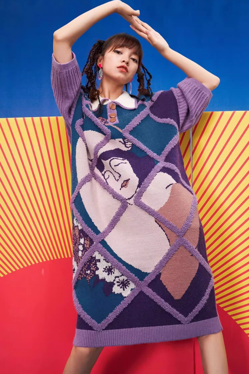 紫色藝術提花針織洋裝 X3457