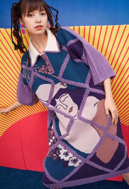 紫色藝術提花針織洋裝 X3457