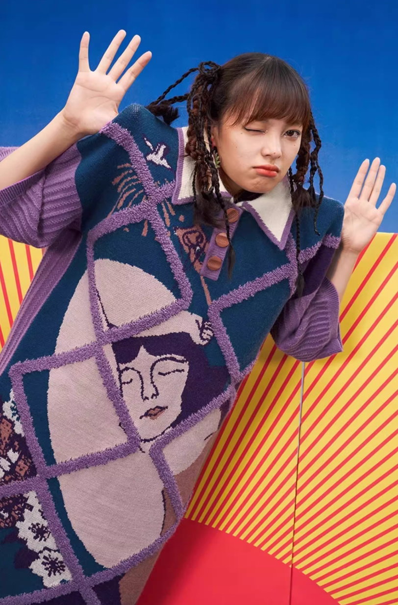 紫色藝術提花針織洋裝 X3457