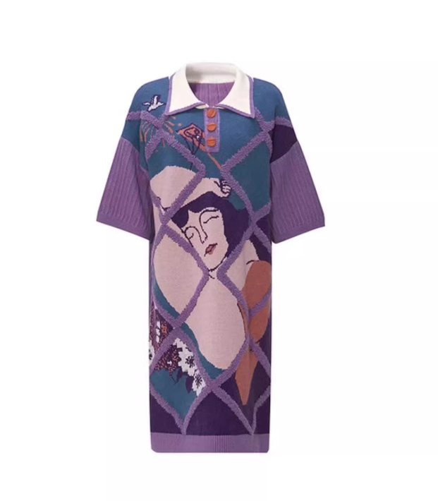 紫色藝術提花針織洋裝 X3457