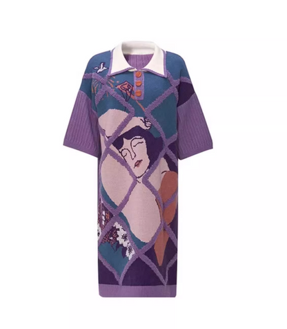 紫色藝術提花針織洋裝 X3457