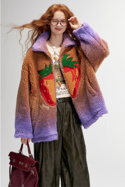 變色草莓仿羊毛短外套 X3455