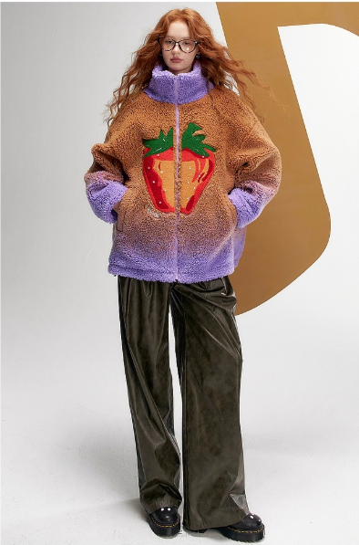 變色草莓仿羊毛短外套 X3455