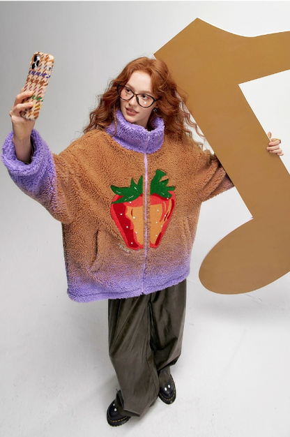 變色草莓仿羊毛短外套 X3455