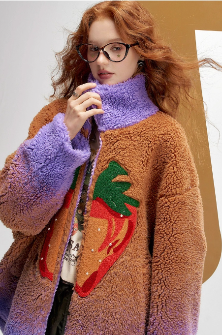 變色草莓仿羊毛短外套 X3455