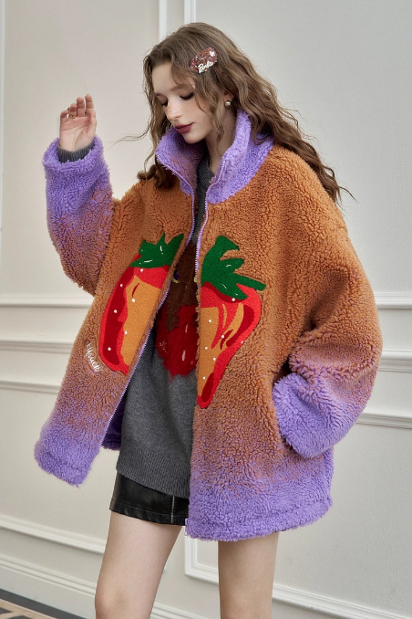 變色草莓仿羊毛短外套 X3455