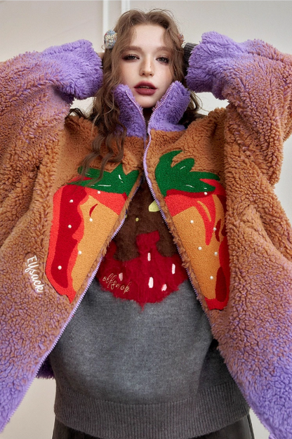 變色草莓仿羊毛短外套 X3455